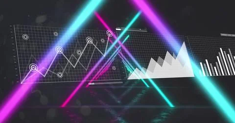 Displaying HUD-style line area bar charts on glossy floor with cyan magenta Illustrazione stock