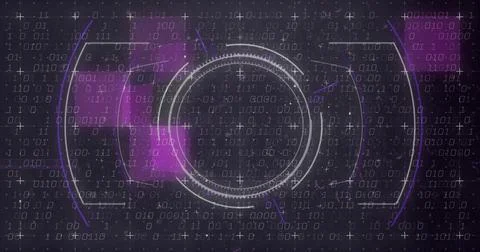Displaying HUD target rotating on dark starfield, with binary matrix and purp 스톡 일러스트