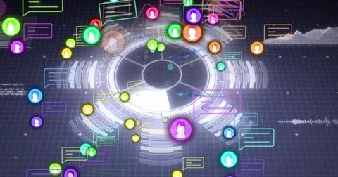 Displaying HUD tracking data in interface with chat-bubbles avatars panels 스톡 일러스트