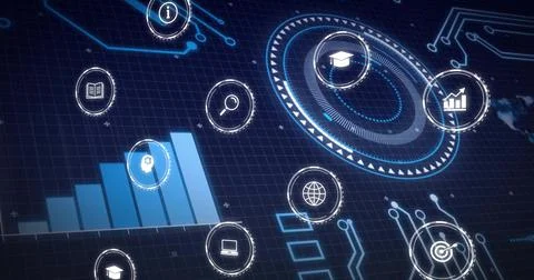 Displaying HUD in virtual dashboard showing blue fivebar chart and icon nodes Stock Photos