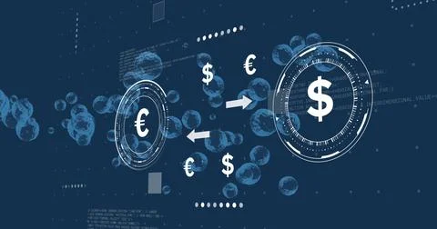 Displaying HUDs with arrows exchanging euro and dollar symbols on blue data Stock Photos
