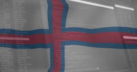 Displaying Icelandic flag overlay on code editor on monitor showing programming Stock Illustration
