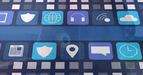 Displaying icon grid on dashboard, including device, security, audio, news, Stock Photos