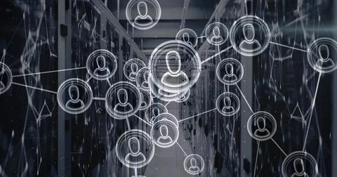 Displaying icon network overlaying data center corridor, showing server racks Stock Photos