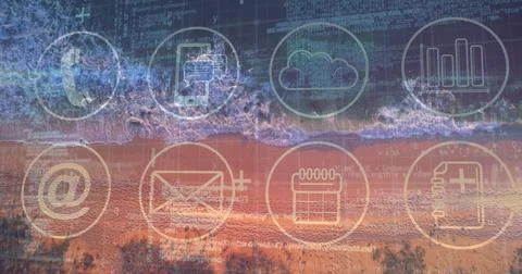 Displaying icons and code at shoreline with communication, document, cloud, Stock Photos