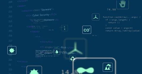 Displaying icons floating over code dashboard with CO2, water, recycle, wind, Stock Illustration