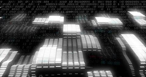 Displaying illuminated blocks forming 3D grid in dark digital space, with Stockillustratie