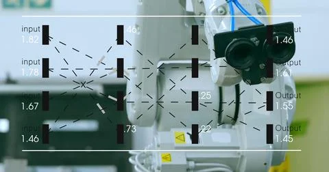 Displaying industrial robotic arm operating with stereo sensor and blue tubing Stock Photos