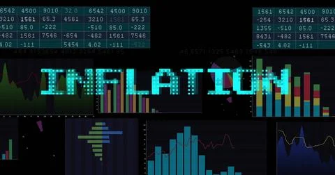 Displaying INFLATION text glowing on digital financial dashboard, showing charts Illustrazione stock