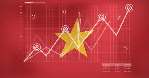 Displaying infographic with white line graph rising on red grid, featuring Illustrazione stock