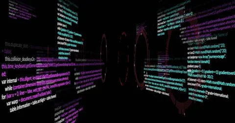 Displaying installation projecting JavaScript code across dark room walls, with Stock Illustration