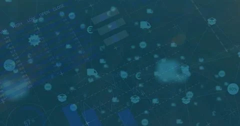 Displaying interconnected data nodes in dashboard, with delivery and package Stock Photos