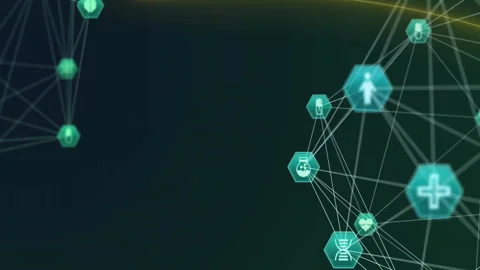 Displaying interconnected hexagonal icons showing pill DNA flask heart cross on Stock Footage 308676538