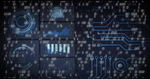 Displaying interface with binary grid, circuit traces and nodes, circular gauges Illustrazione stock