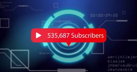 Displaying interface on blue gradient, featuring red subscriber bubble with play Foto stock