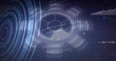 Displaying interface on blue grid, with circular HUD, concentric circles, code 스톡 사진