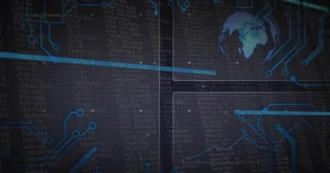 Displaying interface with code panels and glowing circuit traces over dark gr Stock Illustration