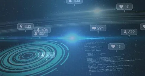 Displaying interface in console, showing neon concentric circles and icons over Stock Photos