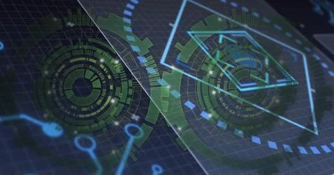 Displaying interface on dark grid with two overlapping holographic HUD elements Stock Illustration