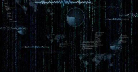 Displaying interface on dashboard with vertical code streams, radar displays, Stock Photos
