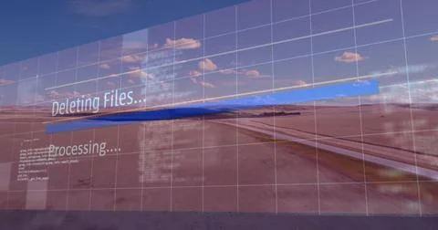 Displaying interface on desert highway showing grid overlay, blue progress bar 스톡 사진