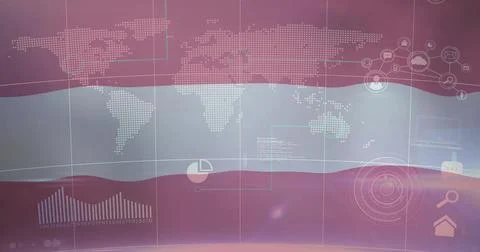 Displaying interface with dotted world map over pink waves featuring pie chart Stock Illustration