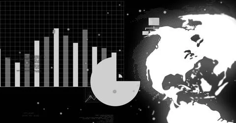 Displaying interface featuring bar chart, donut chart on dark screen, world map, Stock Photos