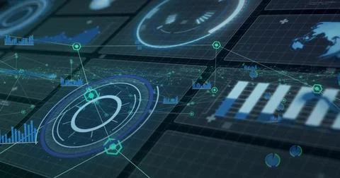 Displaying interface featuring rotating concentric chart over grid, bar charts Stock Illustration