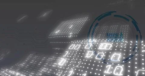 Displaying interface with firewall icon in digital network, binary digits on 스톡 사진