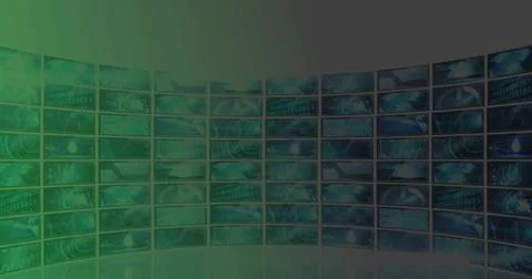 Displaying interface graphics on curved multi-screen wall in control center, Stock-Illustration