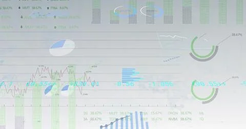 Displaying interface with line charts, bar charts, pie and gauge charts, nume Stock Illustration