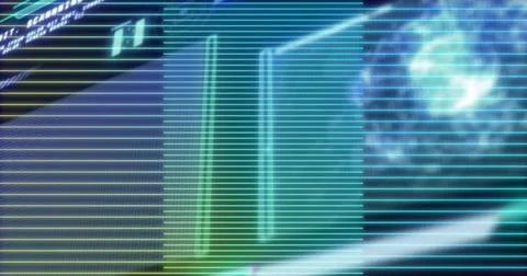 Displaying interface over scan lines in console, with neon panels, code display Foto stock