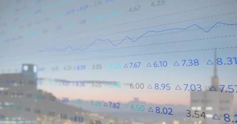 Displaying interface over skyline at dusk with line graph, numeric rows with Stock Photos