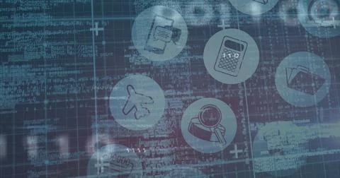 Displaying interface overlay with circular business icons and code on grid lines イラスト素材