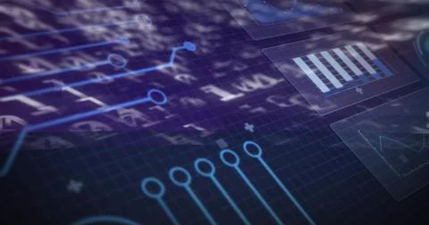 Displaying interface overlay in dashboard, with grid and circuit nodes, trans Stock Photos