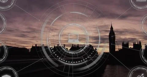 Displaying interface overlay with laptop icon at riverside dusk, featuring rings Stock Photos