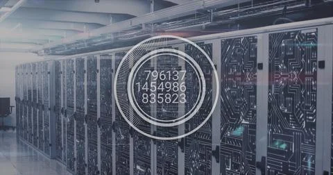 Displaying interface overlay showing codes in data center with glass-doored Stock Photos