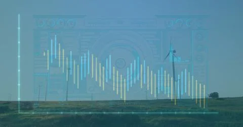 Displaying interface overlay showing energy data over wind farm, with turbines, 写真素材