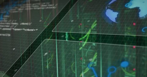 Displaying interface overlaying grid planes with scrolling code, neon circuits, 写真素材