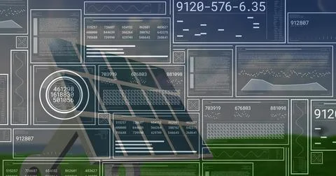 Displaying interface overlaying soccer field with white metal goal frame and Stockfoto's