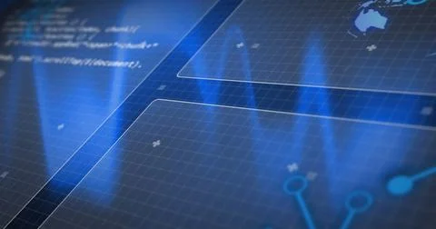 Displaying interface panel on computer screen showing grid, code plus markers Stock Photos