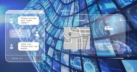 Displaying interface panels over blue data backdrop with chat window typing and Stock Photos