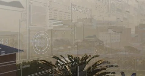 Displaying interface panels overlaying office view with charts gauges displays Stock Photos