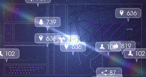 Displaying interface panels showing map grid and network lines over star field, 스톡 사진