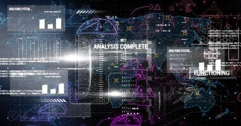 Displaying interface projecting world map with cascading data streams on Foto stock