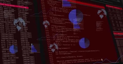 Displaying interface rendering code on console, with blue pie charts, bar Stock Photos