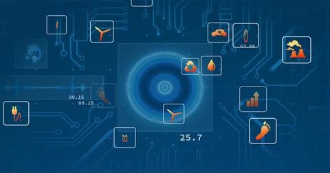 Displaying interface rotating on virtual control panel, with wind turbine and 스톡 일러스트
