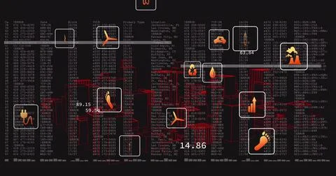 Displaying interface running data flows on dashboard, with orange icons, red Illustrazione stock