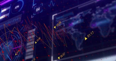 Displaying interface on screen, with jagged line charts on red grid, yellow time Stock Illustration