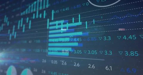 Displaying interface on screen showing bar charts, line graphs, numerical Stock Photos